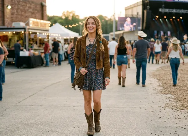 A woman in a halter mini dress with a suede jacket and cowboy boots