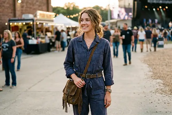 A woman in a jumpsuit and a cross body suede shoulder bag
