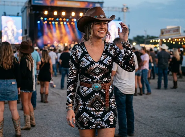 A woman in a sequin mini dress with a hat
