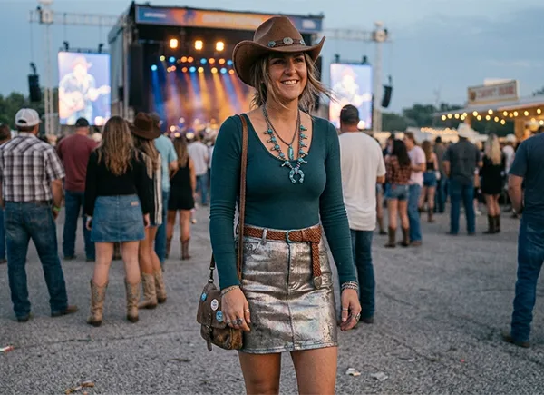 A woman wearing a bodysuit paired with a metallic skirt and a cowgirl hat