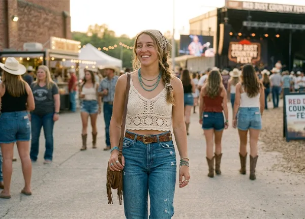 A woman wearing a crochet crop top and high waisted jeans