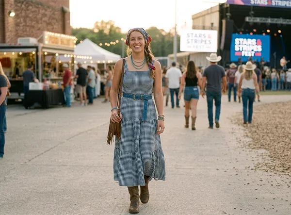 A woman wearing a gingham maxi dress and a headscarf