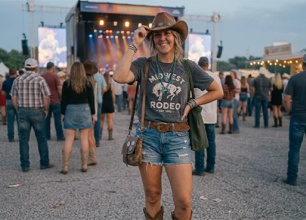 A woman wearing a graphic T shirt with denim shorts