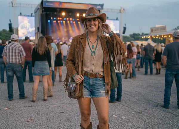A woman wearing a knit button tank top with denim shorts and a fringed jacket
