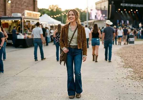 A woman wearing a long sleeved top with a cropped jacket and flared jeans