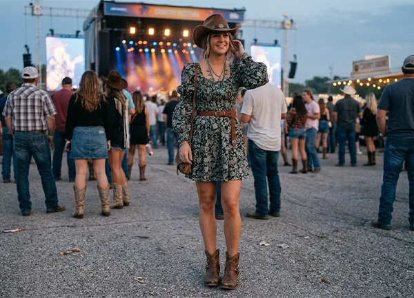 A woman wearing a puff sleeve dress with ankle length boots