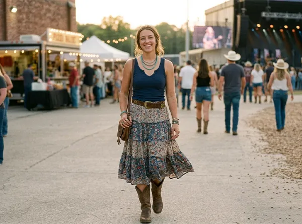A woman wearing a tank top and flowy skirt