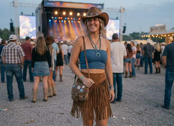 A woman wearing a tube top fringe skirt and cowgirl boots