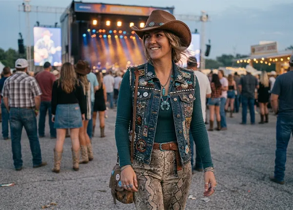 A woman wearing an embellished vest and snakeskin pants