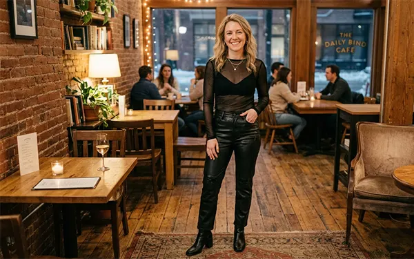 A woman in a casual night outfit