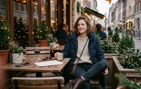 A woman in a casual winter outfit in a cafe