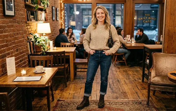 A woman in a nice cozy set of clothes