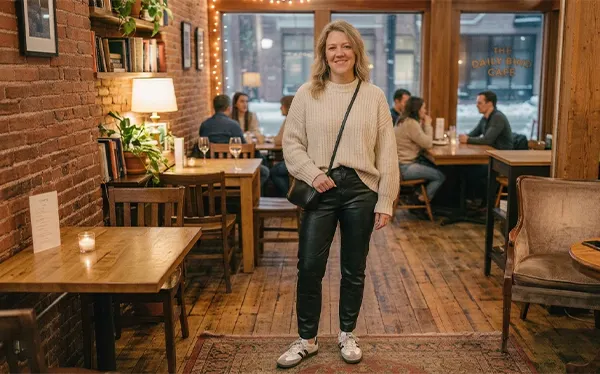 A woman wearing a casual and cozy jumper with leather pants