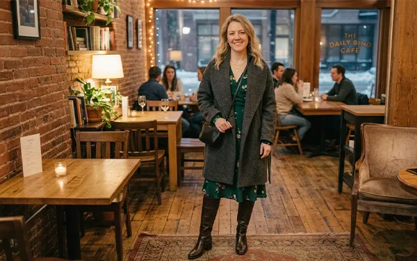 A woman wearing a coat over a midi dress