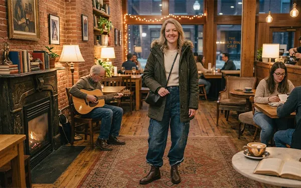 A woman wearing a parka and baggy mom jeans paired with Chelsea boots