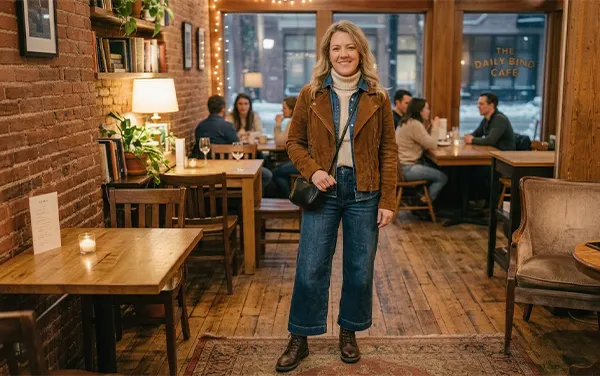 A woman wearing a suede jacket over a turtleneck and denim shirt