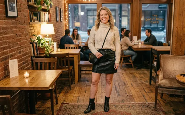 A woman wearing a sweater with a pencil skirt and boots